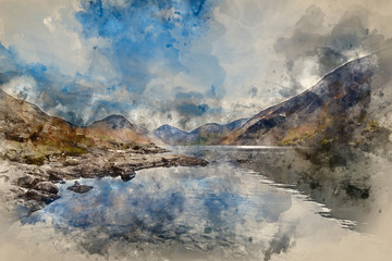 Watercolour painting of Stunning landscape of Wast Water and Lake District Peaks on Summer day reflected in lake