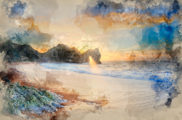 Obraz na płótnie Canvas Watercolor painting of Rising sun shines through Durdle Door arch on Jurassic Coast