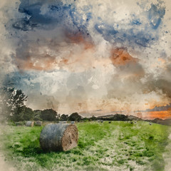 Watercolor painting of Beautiful Summer vibrant sunset over countryside landscape of field with hay bales