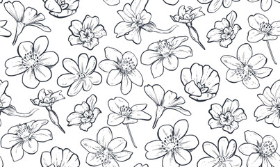 Fototapeta premium Vector seamless pattern with hand drawn spring flowers and leaves