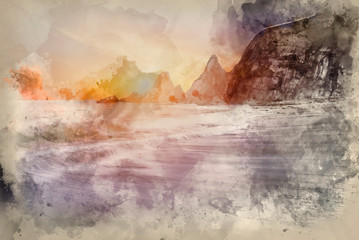Naklejka na ściany i meble Watercolor painting of Stunning dramatic sunrise over beach with jagged rocks coastline