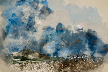 Watercolor painting of Beautiful landscape view of Glastonbury Tor on Summer day
