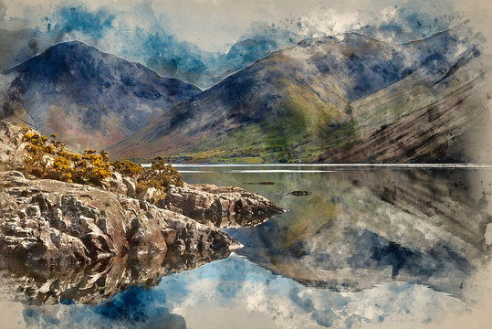 Watercolor painting of Stunning landscape of Wast Water and Lake District Peaks on Summer day reflected in lake