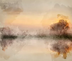 Küchenrückwand glas motiv Aquarellmalerei des atemberaubenden lebendigen Herbstes nebligen Sonnenaufgang englische Landschaft Landschaftsbild © veneratio