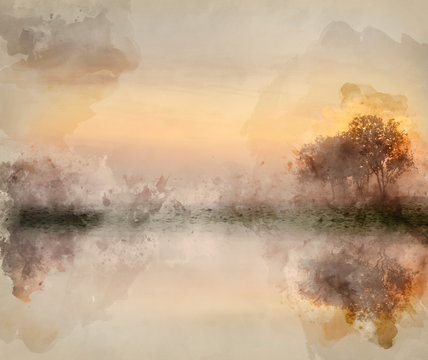 Watercolour painting of Stunning vibrant Autumn foggy sunrise English countryside landscape image
