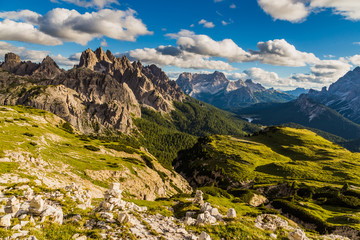Dolomites mountain landscape view from Tre cimes Lavaredo loop trail