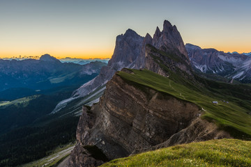 Fototapeta na wymiar Beautiful sunrise and Odle Mountain landscape in Dolomites, Italy