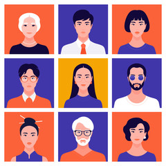 Set of portraits of oriental people of different gender and age. Avatars of women and men. Diversity. Vector flat illustration