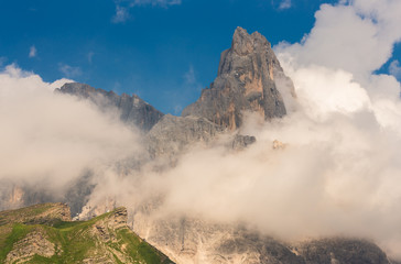 Dolomite mountain landscape in Passo di Rolle, Italy.
