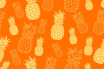 Pineapple seamless orange pattern, hand drawn. Textile print for apparel. yellow Realistic handmade line ananas. vector illustration isolated on white background.