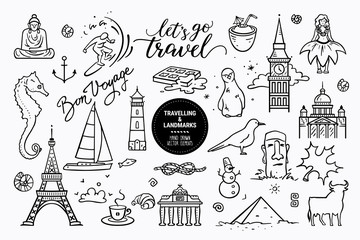 European sights, landmarks all around the world, travel icons, marine cruise icons. Vector collection of hand drawn doodle style clipart illustration places of interest isolated on white background. © Nubenamo
