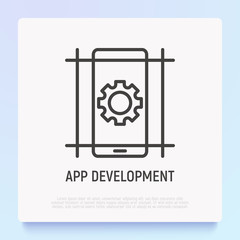 App development thin line icon: wheel on smartphone screen. Modern vector illustration.