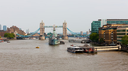 Shipping and tourist attractions on River Thames, London, England