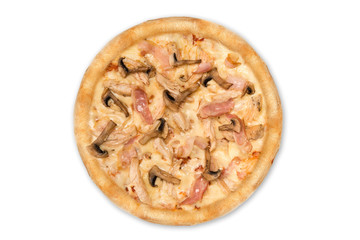 Delicious pizza with chicken, parmesan, tomatoes, mushrooms isolated for menu, top view