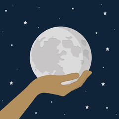 hand hold the moon in universe starry sky vector illustration EPS10