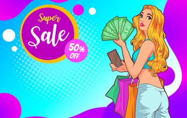 stylish surprise woman with shopping bags
