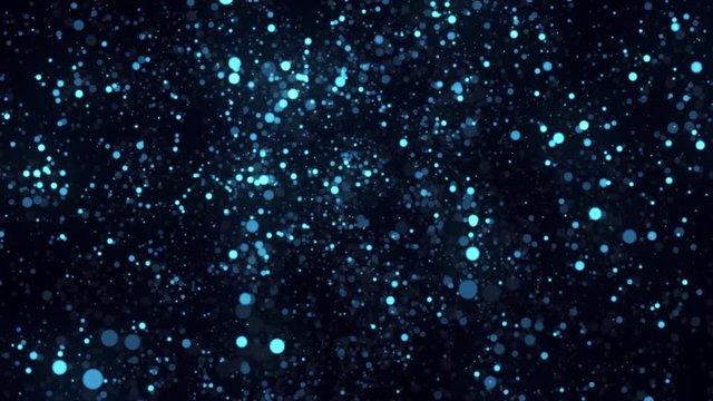 Abstract animation of shimmering blue particles rotation on a black background. Footage. Colorful animation