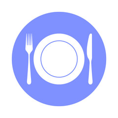 Tableware icon. Sign plate, fork and knife in circle. Isolated image on white background. Symbol serving table. Vector illustration.