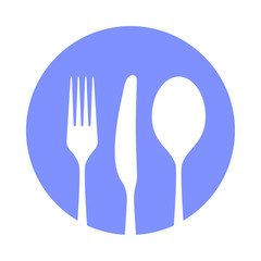 Tableware icon. Sign spoon, fork and knife in the circle. Isolated image on white background. Symbol serving table. Vector illustration.