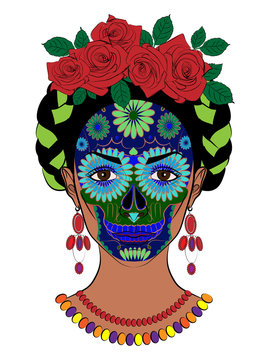 bright illustration of a girl with a traditional Mexican hair and makeup for the holiday Day of the dead and the Day of angels