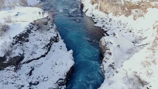 Aerial view of Hraunfossar waterfall in western Iceland