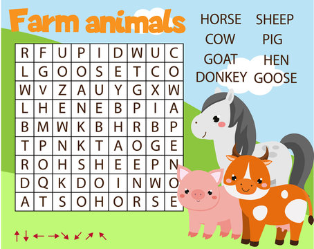 Educational Game For Children. Word Search Puzzle Kids Activity. Farm Animals Theme. Learning Vocabulary For Toddlers