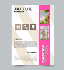 Flyer template. Brochure layout. Annual report cover or print out poster design. Brown and pink color. Vector illustration.