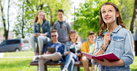 education, school, inspiration and people concept - young woman or teenage student girl in denim jacket with diary or notebook and pencil thinking over group of friends outdoors background