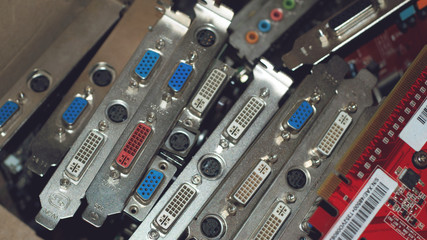 Many Video cards. Computer graphics card and Circuits :DVI, Display port connectors. Technology background. Selective focus
