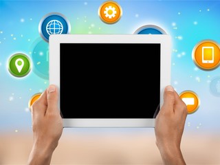 Male hands holding a tablet PC with space for you text isolated