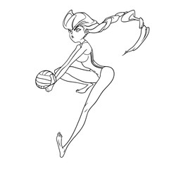 Outline of a girl in a swimming suit playing volleyball