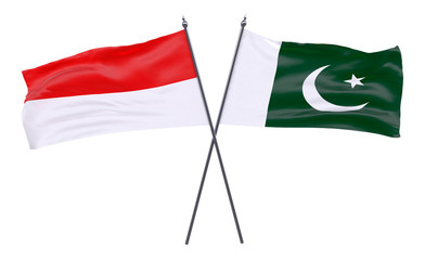 Indonesia and Pakistan, two crossed flags isolated on white background. 3d image