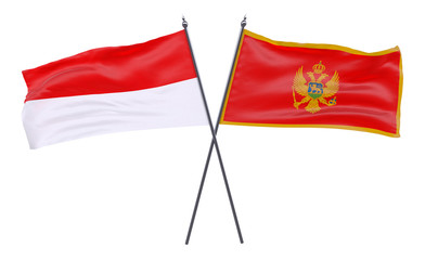 Indonesia and Montenegro, two crossed flags isolated on white background. 3d image