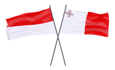 Indonesia and Malta, two crossed flags isolated on white background. 3d image
