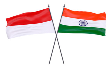 Indonesia and India, two crossed flags isolated on white background. 3d image