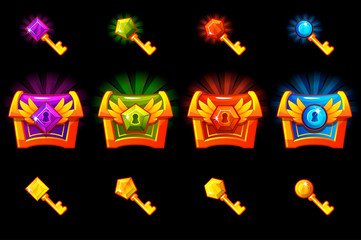 Treasure chest with precious stones and golden keys, vector icons. Icons on separate layers.