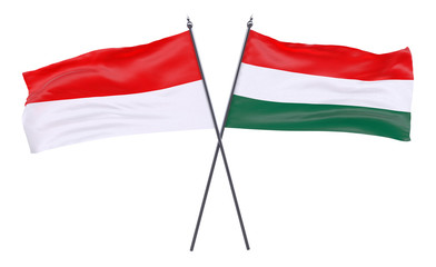 Indonesia and Hungary, two crossed flags isolated on white background. 3d image