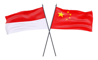 Indonesia and China, two crossed flags isolated on white background. 3d image