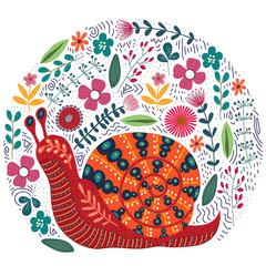 Vector cute illustration of folk snail and flowers on a white background. © kupalina