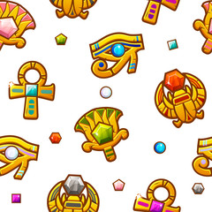 Seamless pattern Egyptian symbols with colored precious gems, golden icon.