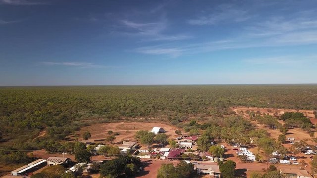Panoramic drone shot of the quiet sleepy town of Daly Waters in Australia's outback, Northern Territory.