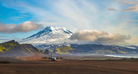Plane at the vulcanite island Jan Mayen