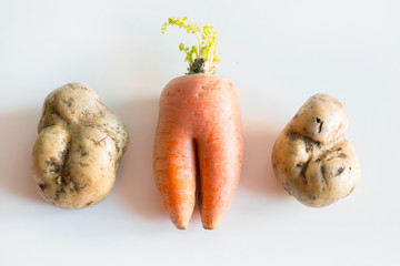 Ugly vegetables, carrot and potato on white. Concept. Flat lay.