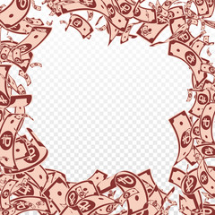 Russian ruble notes falling. Messy RUB bills on tr