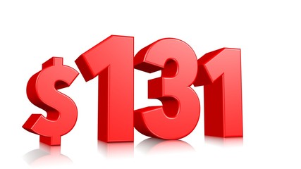 131$ One hundred thirty one price symbol. red text 3d  render with dollar sign on white background