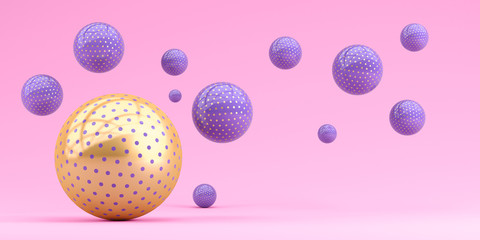 Flying spheres on a pink background. 3d render Illustration for advertising.