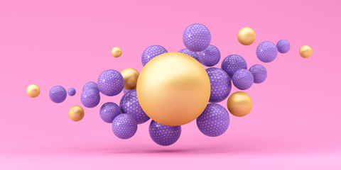 Flying cloud spheres on pink background. 3d render Illustration for advertising.