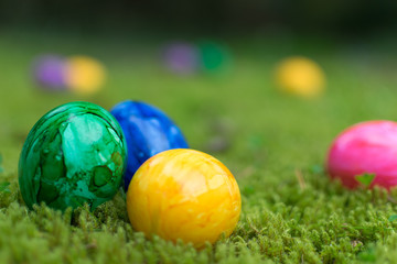 Bunte Ostereier auf moosiger Wiese