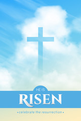 Christian religious design for Easter celebration. Vertical vector banner with text: He is risen, shining Cross and heaven with white clouds.