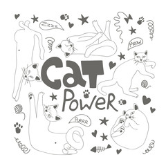doodle with cute cats and lettering cat power